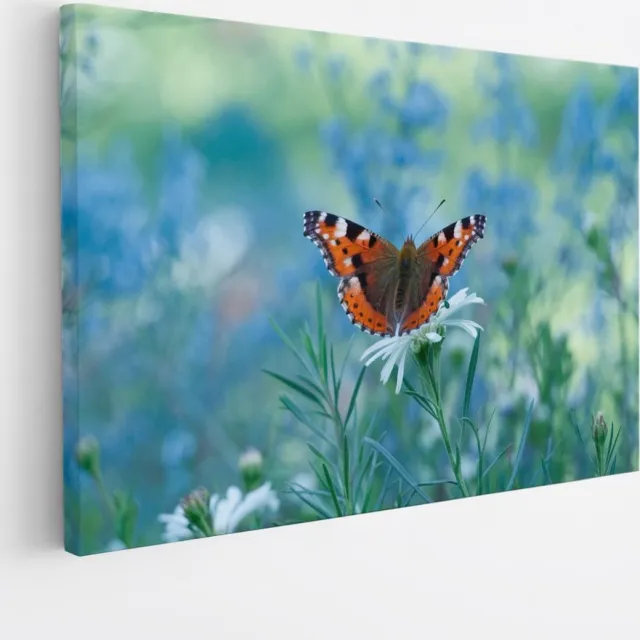 Saammp Canvas Schilderij - Vlinder tussen de bloemen - Blauw - Dieren - Natuur - 150x100 - Foto op canvas - Wanddecoratie - muurdecoratie Woonkamer - Slaapkamer decoratie - Canvas Print Multicolor