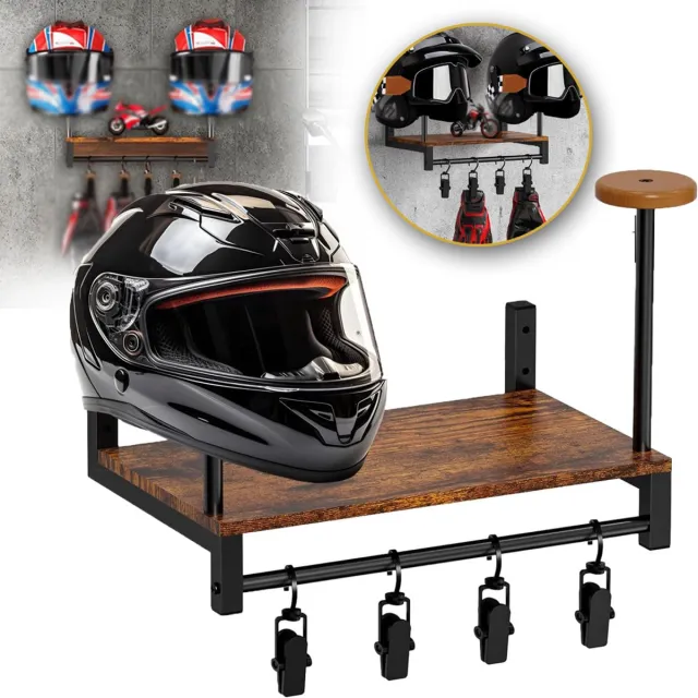 CHOOLY Wandgemonteerde Helm- En Kapstok Met 4 Haken En Plank - Draagvermogen 20 kg Hout En Metaal Rustiek Design - Ideaal Voor Motor- Fiets- En Sportkleding Houtkleur