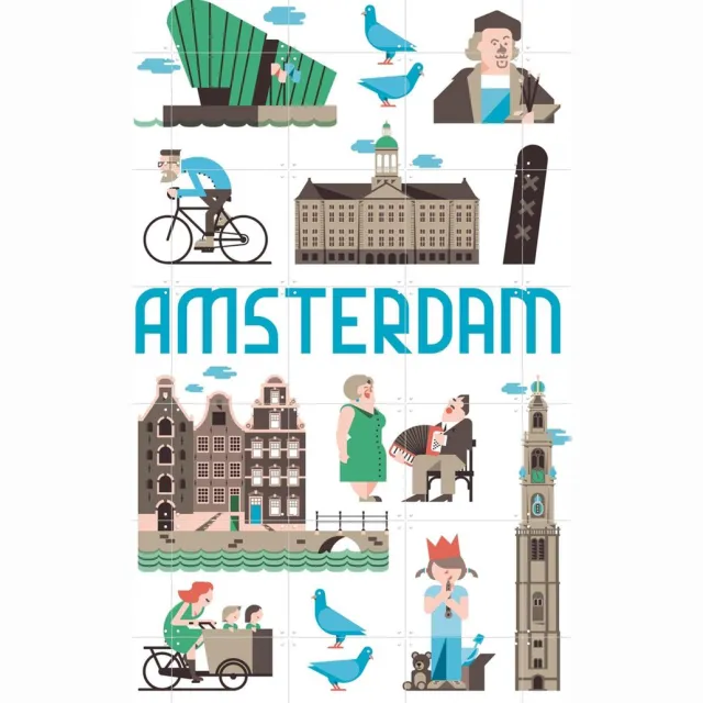 IXXI Amsterdam, Jochem Coenen & Kunst in Kaart - 100 x 140 cm - Grote wanddecoratie en posters - Illustraties, Cartoonesk, Grafisch Ontwerp, Speels Blauw / Koele tinten