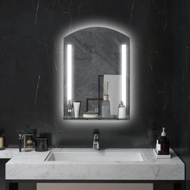 REDOM Badkamerspiegel Met Verlichting - 3 Lichtkleuren En Glazen Plank - Wandmontage - Gehard Glas - Zilver - 50 X 70 Cm
