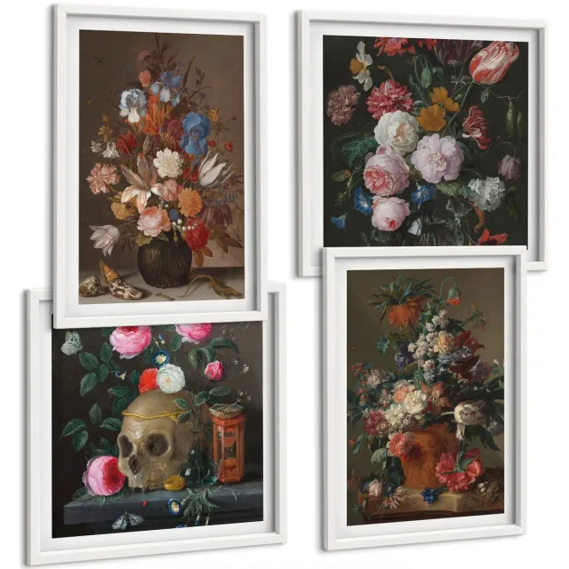 TULUP 4-Delige Schilderij Set - Bloemen in vazen: diverse vintage plantencomposities - 40x40 en 40x60 - Wanddecoratie - Schilderijen Set - Kantoor - Decoratieve Schilderijen Witte lijst