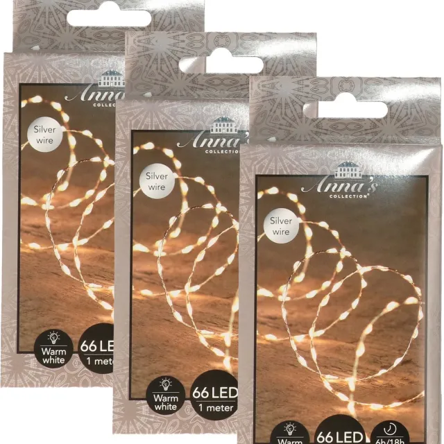 Anna's Collection Draadverlichting lichtsnoer - 3x - 66 led lampjes - warm wit - zilver draad - 100 cm - lichtdraad - kerstverlichting