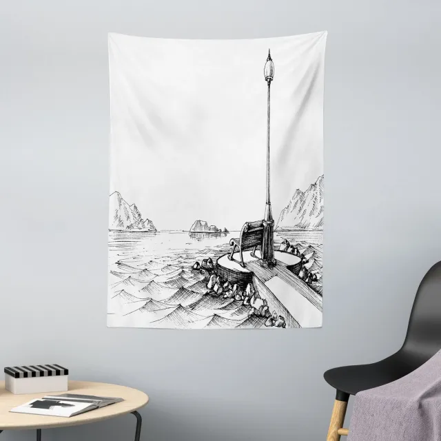 ABAKUHAUS Schetsmatig wandtapijt met bankje en lantaarn te midden van oceaangolven, bergen en rotsen, 110 x 150 cm, zwart-wit