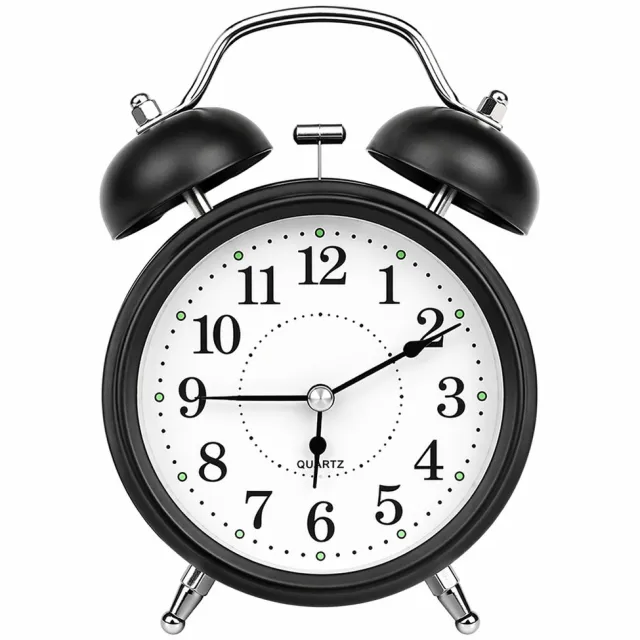 retoo Stille Draadloze Wekker Analoog – Klassieke Twin Bell Alarmklok – Stil Quartz Uurwerk – Sterk Alarm voor Diepe Slapers – Batterijen Inbegrepen – Nachtlicht Functie – Zwart