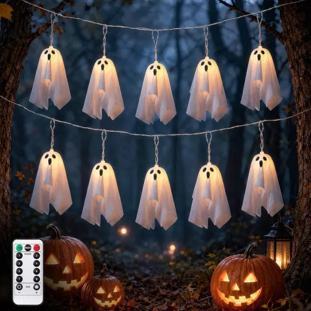 KZQ Halloween decoratie – LED-lichtsnoer met hangende spookjes – Timerfunctie – 8 lichtstanden – 10 spookjes – 2,75 M – Halloween verlichting