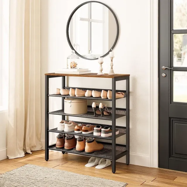 Songmics Schoenenrek, 5-laags schoenenkast, verstelbaar schoenenrek, schoen organisator, platte en kantelbaar, voor 12-16 paar schoenen, stal, voor gang, woonkamer, vintage bruin-zwart EBF01XJ01