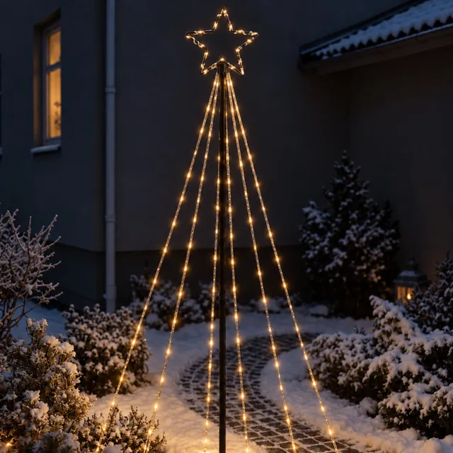 RexTech Solar kerstverlichting buiten 'Tree' - 2 meter - Kerstboom - 160 leds - Sfeervol warm wit (3000K) - 8 lichtstanden - Feestverlichting voor buiten op zonne-energie