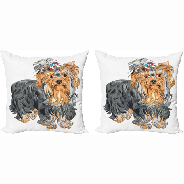 ABAKUHAUS Yorkie Decoratieve Kussenhoes, Set van 2, Terrier met Strik, 40x40 cm, Abrikoosgrijs