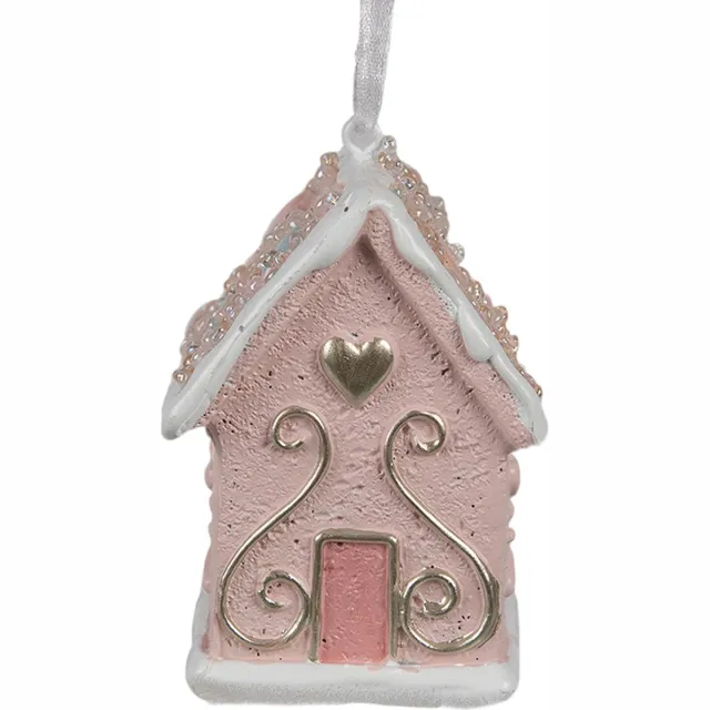 Clayre & Eef Kersthanger Gingerbread house 4x4x6 cm Roze Polyresin