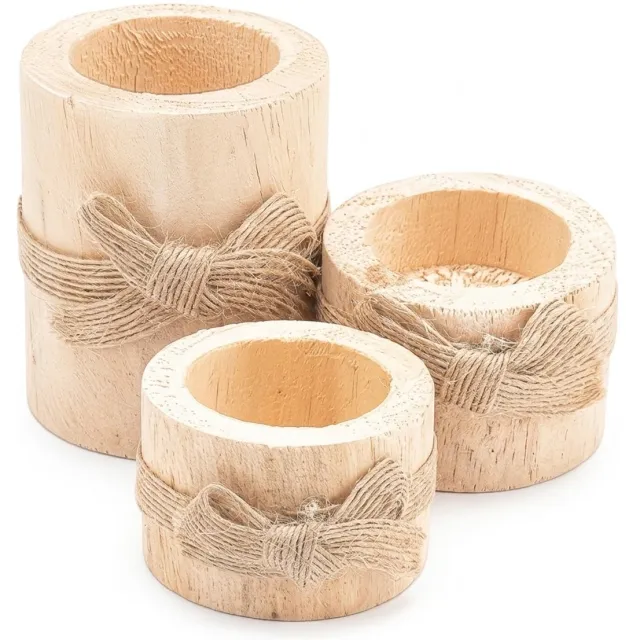 NUVEX Lichtbruin hout waxinelichthouders set van 3 ronde theelichthouders met touw strik rustieke kaars houders decoratief voor tafel en interieur geschikt voor dames en heren Light brown