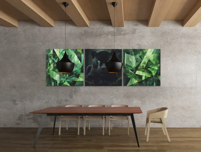 Trendex Global Panter Drieluik Schilderij – Modern Canvas Wanddecoratie – 3-Delige Panther Kunst - 3x60x60 cm Groen