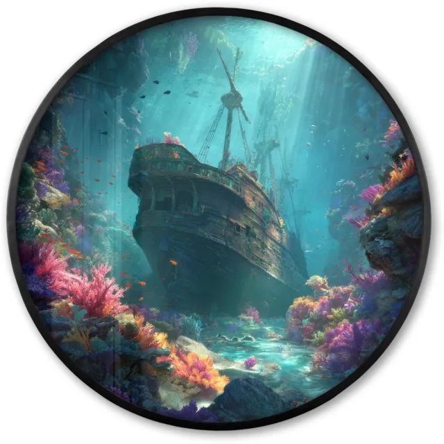 FrameYourWall Poster in lijst Rond - Fotolijst 80x80 cm - Posters - Schip - Hout - Koraalriffen - Zonlicht - Ronde posterlijst zwart - Decoratie - Wanddecoratie woonkamer - Muurdecoratie slaapkamer