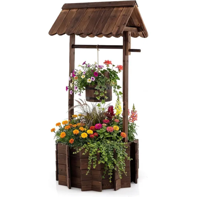 Costway Houten fontein met dak, wensfontein tuin, bloembak, decoratieve fontein bloempot, decoratie voor buiten, veranda, 56 x 56 x 114 cm, bruin