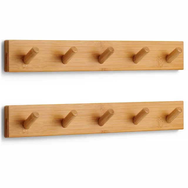 Famanu Wandkapstok set van 2 stuks, houten wandkapstok met 5 haken, ideaal voor entree of hal Naturel