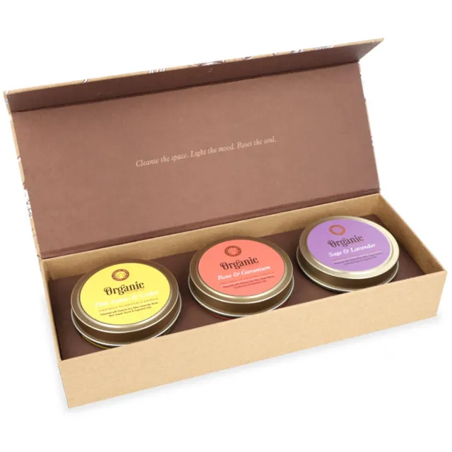 Song of India Organic goodness - smudge geurkaarsen - set van 3 - salie en lavendel - palo santo en ceder - roos en geranium multi
