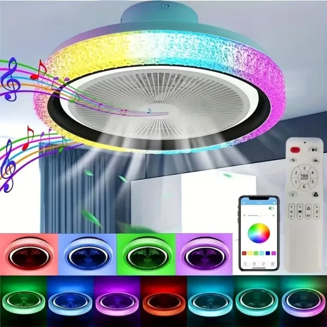 J.T.R Slimme LED Plafondventilatorlamp, RGB Muziek Plafondlamp, Mat Acryl Kroonluchter, Stille Ventilator, met Draadloze Speaker, Traploos Dimmen, Geschikt voor Woonkamer, Slaapkamer, Keuken en Studie Toepassing en Afstandsbediening, voor Kamer Ventilatie Wit