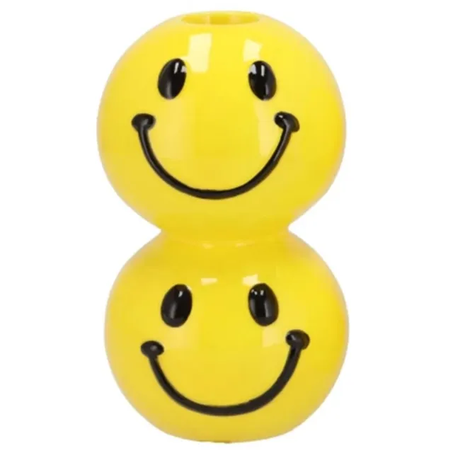 Smiley Kandelaar dubbel 7x7x12cm Geel/zwart Geel zwart