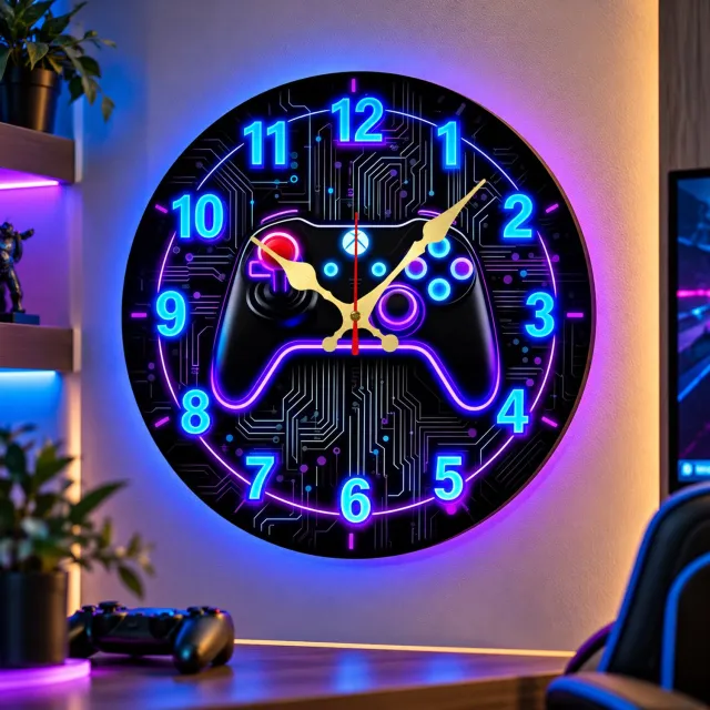 Rojellaa Ronde Wandklok met Gamecontroller en Neon Circuitprint - Zwart