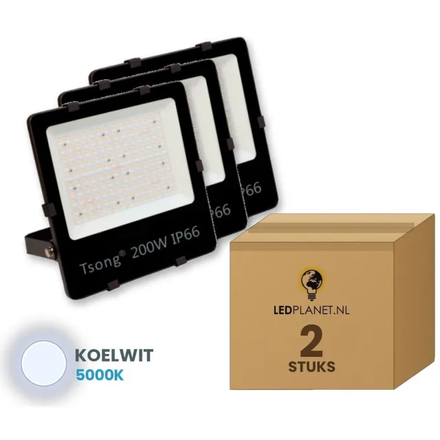 Tsong LED schijnwerper 200W - 2 stuks - Koelwit 5000K - 30.000 lm - 150 lm/W - 90° - IP66