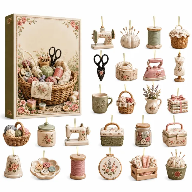 SWGOTA Adventskalender met 24 hangdecoraties in naaithema - Genummerde vakjes - Doos 26 x 18 x 3 cm Beige