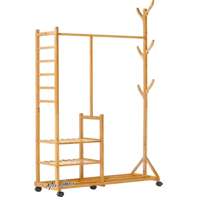 Mrs. Jones 4-in-1 kledingrek bamboe kapstok zijkant boomontwerp haken 3 opbergplanken universele wielen . multiple