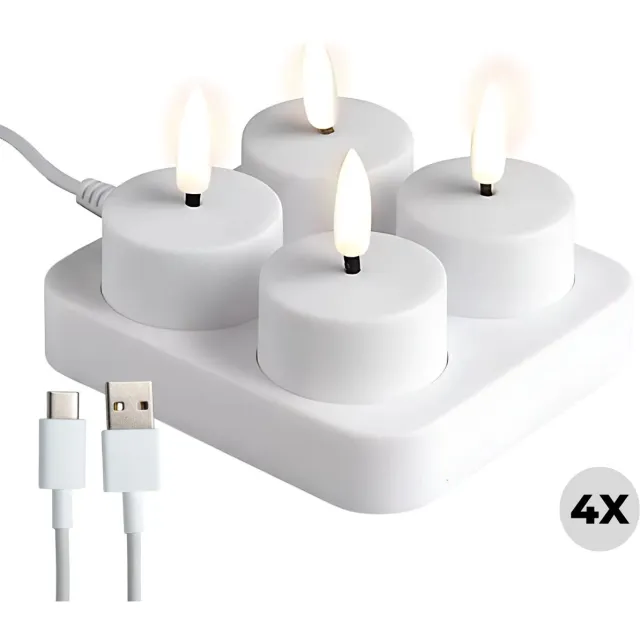 Lomera Oplaadbare LED Theelichtjes - LED Waxinelichtjes - Veilig Alternatief - Duurzaam Oplaadbaar - Usb-Kabel Inbegrepen - Oplaadstation - 4 Oplaadbare Theelichten op Batterijen - LED Kaarsen - Vlamloze Kaarsen - Nep Kaarsen - Kaars LED nvt
