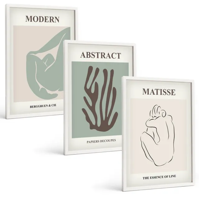 Coloray 3-Delige Schilderij Set - Stijlvolle Schilderijen Met Abstracte Motieven Van Henri Matisse - 40 x 60 - Muurdecoratie - Wanddecoratie - Hal - Moderne Wanddecoratie Witte lijst