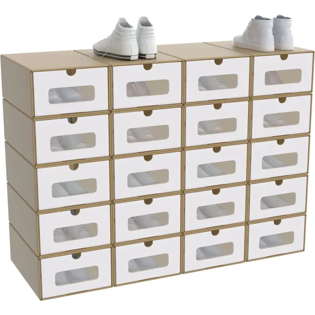 Froadp Set van 20 stapelbare dozen – lade met venster van kraftpapier, schoenen- en speelgoeddoos voor het opbergen van accessoires, 23,5 x 34,5 x 13,5 cm – bruin