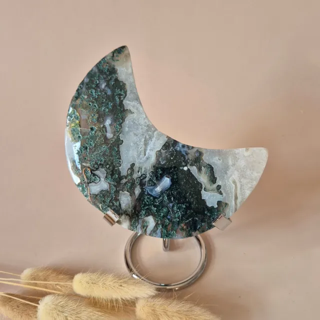 Moonlight Gemstones XL Edelsteen Mosagaat Maan op Standaard (Druzy & Patronen) #171 - 286g