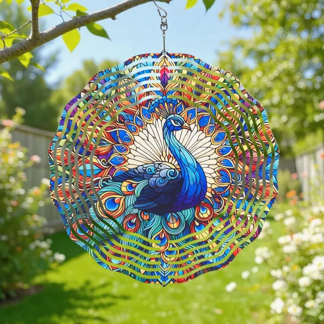 OEMG Pauw windspinner, 30×30×1 cm roestvrij staal, kleurrijke tuin hangdecoratie, vogelverjager met draaibare haak