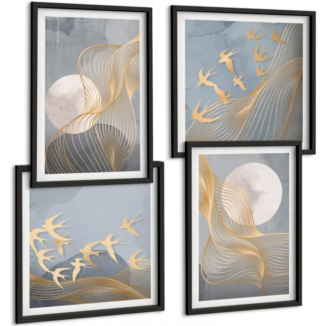 Coloray 4-Delige Schilderij Set - Abstracte Patronen Met Golven En Cirkels Op Een Grijze Achtergrond. - 40 x 40 cm En 40 x 60 cm - Muurdecoratie - Wanddecoratie - Hal Zwarte lijst
