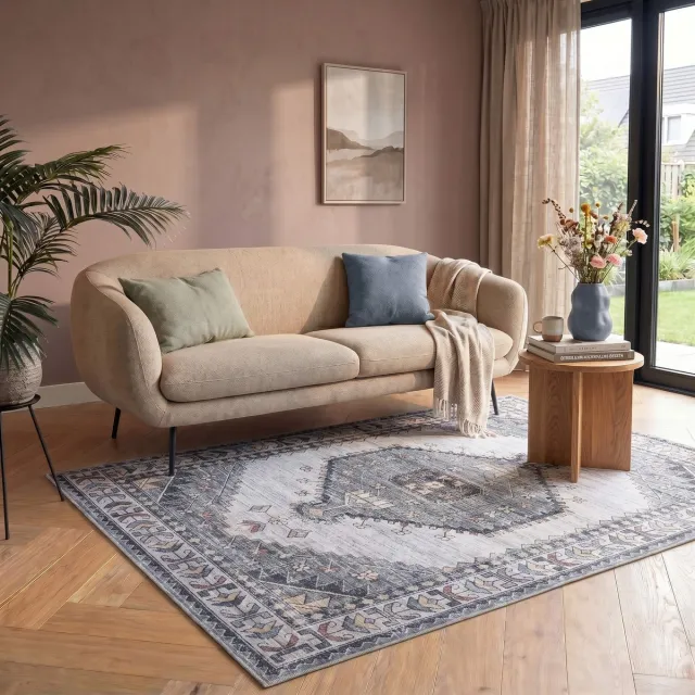 flycarpets Burano Vintage Vloerkleed - Grijs - Laagpolig Tapijt Woonkamer - 120x170 cm