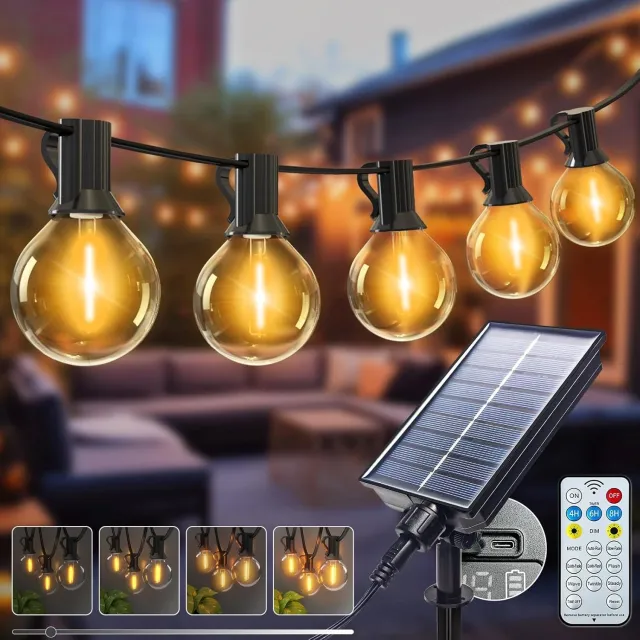 Bwecuy 9m Solar G40 Buitenverlichting met Afstandsbediening – 15 LED Verlichtingsmodi, Breukvaste Lampen, IP65 Waterdicht, Voor Terras en Tuin