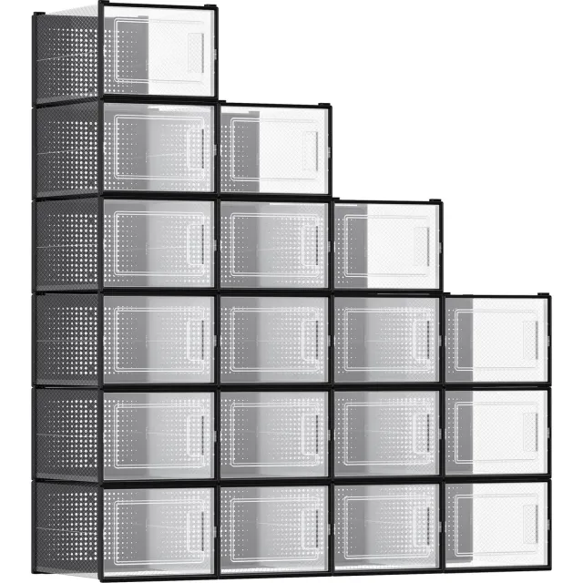 Songmics Schoenendoos - Schoenendozen Set - 18 Stuks - Opvouwbaar en Stapelbaar Transparant-Zwart
