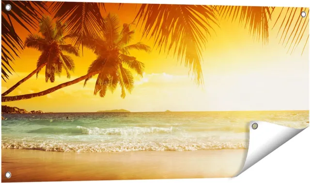 Gards Tuinposter Tropisch Strand tijdens Zonsondergang - 100x50 cm - Tuindoek - Tuindecoratie - Wanddecoratie buiten - Tuinschilderij Multikleur