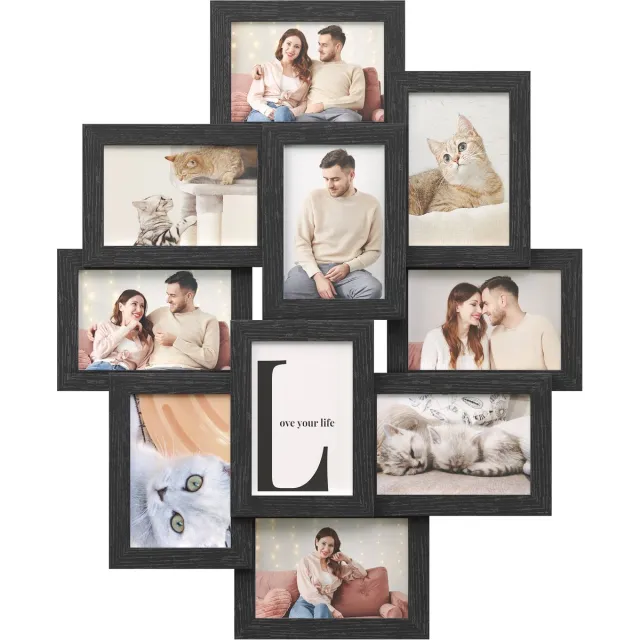 Songmics Lijst - Fotolijst - Voor 10 Foto's van 10 x 15 cm - Gemaakt van MDF - Montage Nodig zwart