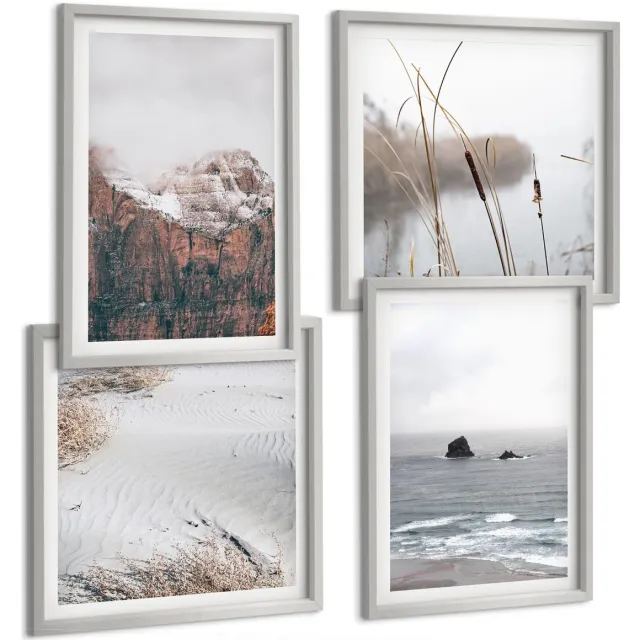 TULUP 4-Delige Schilderij Set - Abstracte golven in grijstinten en pasteltinten - 40 x 40 cm en 40 x 60 cm - Stijlvolle Muurdecoratie - Slaapkamer Zilveren lijst