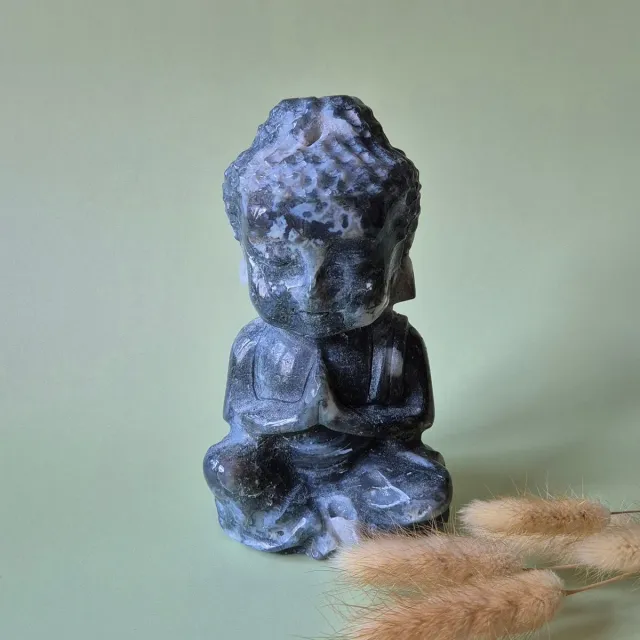 Moonlight Gemstones XL Druzy Mosagaat Buddha 14cm hoge geslepen Edelsteen Statement Piece