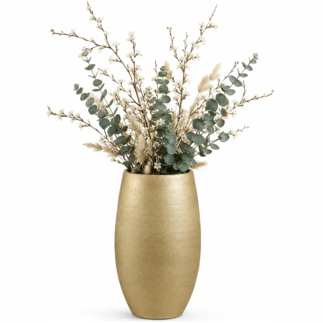 Mica Decorations hoge bloemenvaas - keramiek - goud glans / ribbels - D30 x H50 cm - vaas Porto Goudkleurig