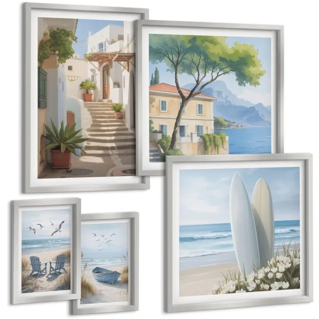 TULUP 4-Delige Schilderij Set - Stijlvol uitzicht op zee met stranden en landschappen. - 50 x 50 cm, 20 x 30 cm en 40 x 60 cm - Wanddecoratie - Muurdecoratie - Woonkamer - Woonkamer Decoratie Zilveren lijst