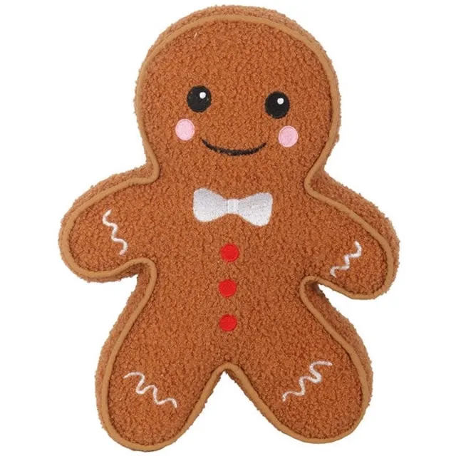 Jones Home&Gift Bouclé Peperkoekman Kussen – Kerst Kussen in Peperkoek Vorm – Zachte Fleece Textuur – 25x34 cm – A Christmas Wish Collectie Bruin