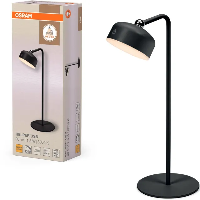 Osram LED-lamp met USB-batterij, 3000 K, touch-dimmer, magnetische wandhouder, flexibel te gebruiken als tafellamp, klemlamp of nachtlampje Zwart