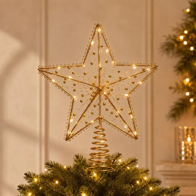 Flintry Kerstboomtopper ster - 10 inch (ca. 25 cm) - Metalen ster met goudkleurige kralen - Glanzende kerstdecoratie voor bovenop de kerstboom Gouden