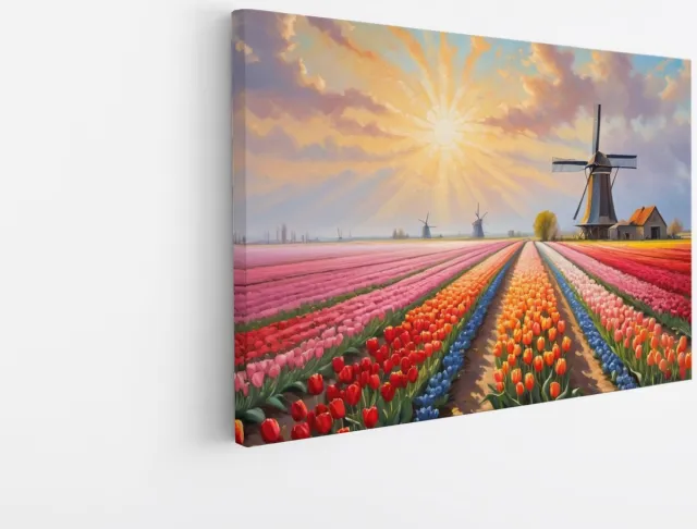 Saammp Canvas Schilderij - Landschap - Abstracte kleurrijke tulpen - Natuur - 120x80 - Foto op canvas - Wanddecoratie - Muurdecoratie Woonkamer - Slaapkamer decoratie - Canvas Print Multicolor