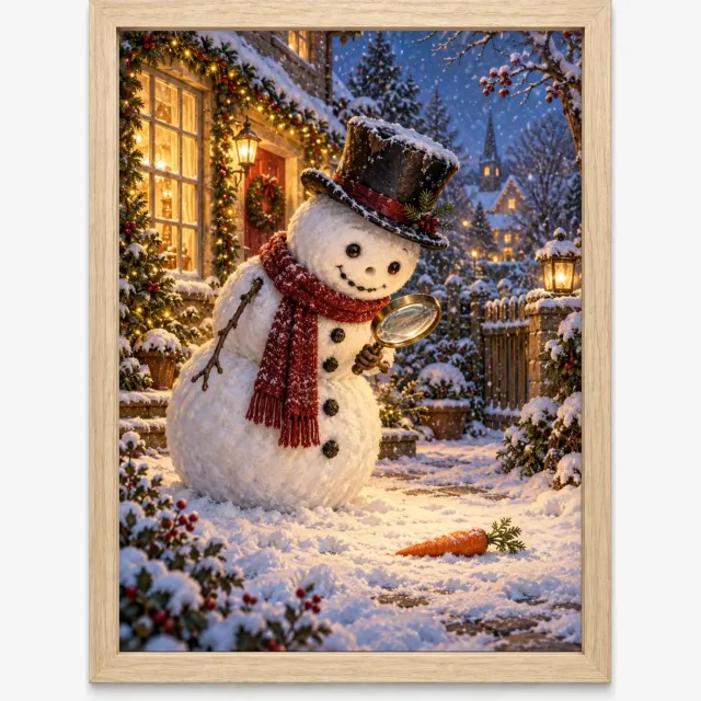 Joshimo Sneeuwpop Kerstposter | Op Zoek naar Zijn Wortelneus | Inclusief Lichtbruine A4 Lijst