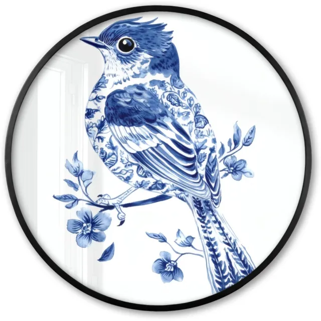 FrameYourWall Poster in lijst Rond - Fotolijst 80x80 cm - Posters - Vogel - Delfts blauw - Illustratie - Bloemen - Ronde posterlijst zwart - Decoratie - Wanddecoratie woonkamer - Muurdecoratie slaapkamer Vogel - Bloemen