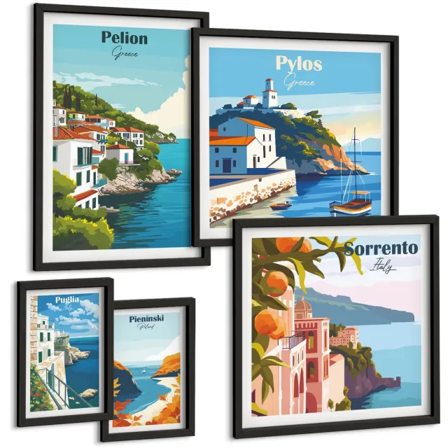 Coloray 5-Delige Schilderij Set - Landschappen Van Griekse Eilanden En Pittoreske Stadjes - 50 x 50 cm, 20 x 30 cm En 40 x 60 cm - Wanddecoratie - Moderne Interieurdecoratie - Muurdecoratie Zwarte lijst