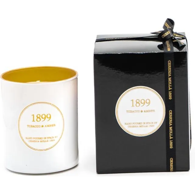 Cereria Mollà 1899 Geurkaars 230g Tobacco & Amber Gold Edition 50 branduren Luxe geurkaars sojawas katoenen lont mooi design wit