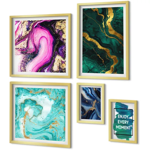 Coloray 5-Delige Schilderij Set - Abstracte Patronen In Tinten Groen En Paars. - 50 x 50 cm, 20 x 30 cm En 40 x 60 cm - Wanddecoratie - Muurdecoratie - Moderne Interieurdecoratie Gouden lijst