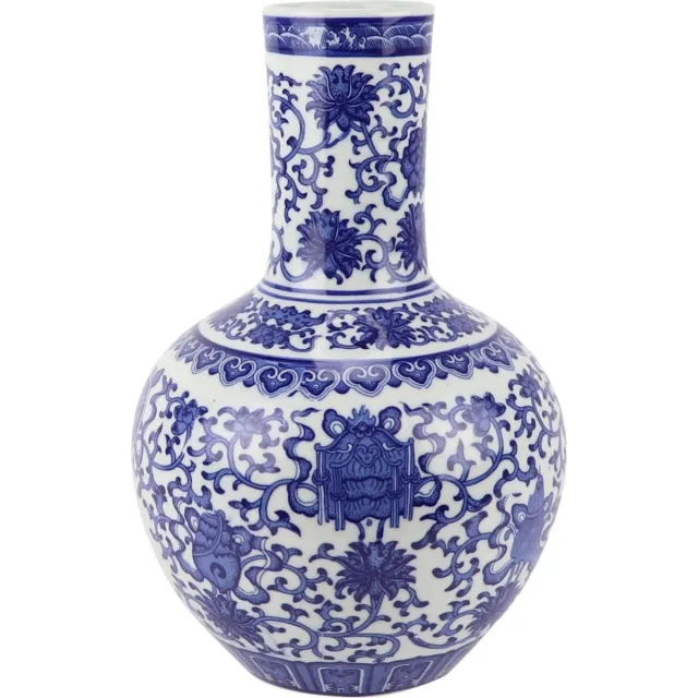 Fine Asianliving Chinese Vaas Porselein Blauw Wit Lotus D22xH34cm Blauw, Wit